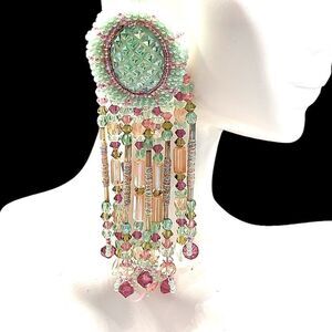 Fabulous huge Iridescent green pink gold chandelier hand crafted earrings